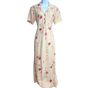 90s Vintage Floral Linen Button Front Maxi Dress Size 6 Peach Pink Cottagecore